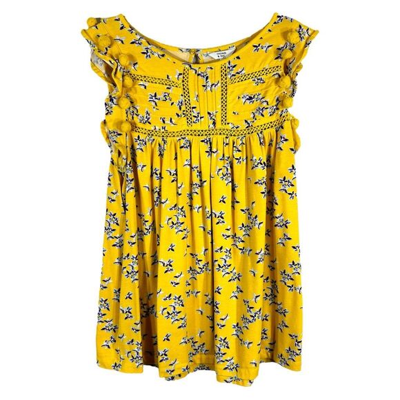 Crown‎ Ivy Small Top Yellow Floral Pompoms Sleeveless Ruffled Eyelet A Line 1442 - Picture 1 of 8